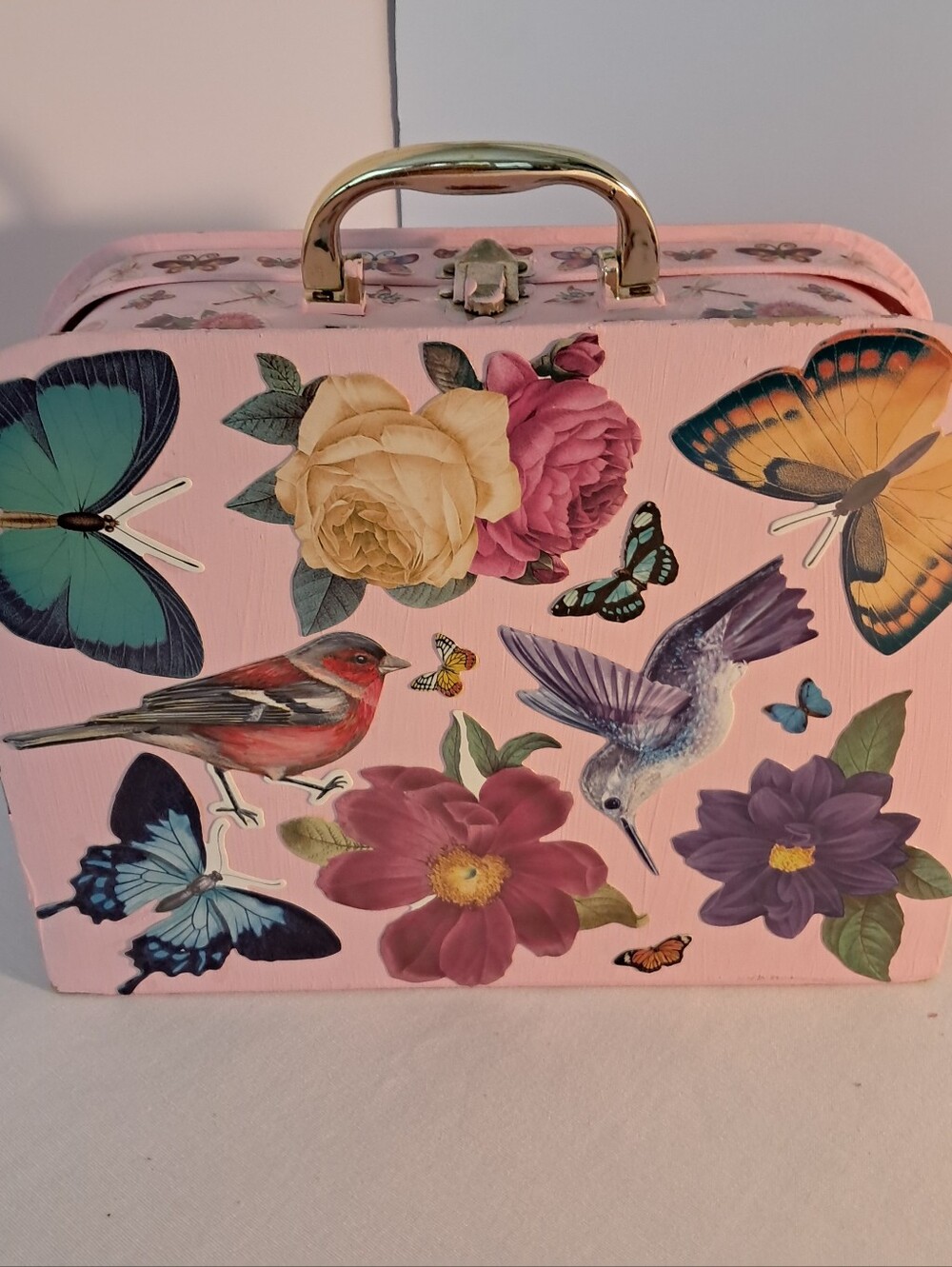 Flowers & Butterflies & Ladybugs Decoupage small suitcase, Baby Pink, Handmade